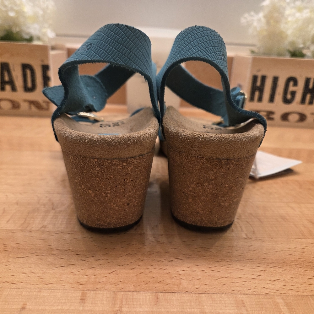 Birkenstock Papillio Sibyl Embossed Leather Wedge Sandals Biscay Bay Size 37 NEW - Picture 8 of 10